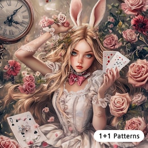 May include: An illustration of a woman with long blonde hair, blue eyes, and rabbit ears, dressed in a white dress, holding playing cards. The image is surrounded by roses and clocks, with the text "1+1 Patterns".