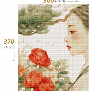 May include: Cross-stitch pattern featuring a woman in profile with red lips and blush, surrounded by red and white flowers. The design includes the text "300 stitch" and "370 stitch". The color palette is soft, with greens, whites, and reds.