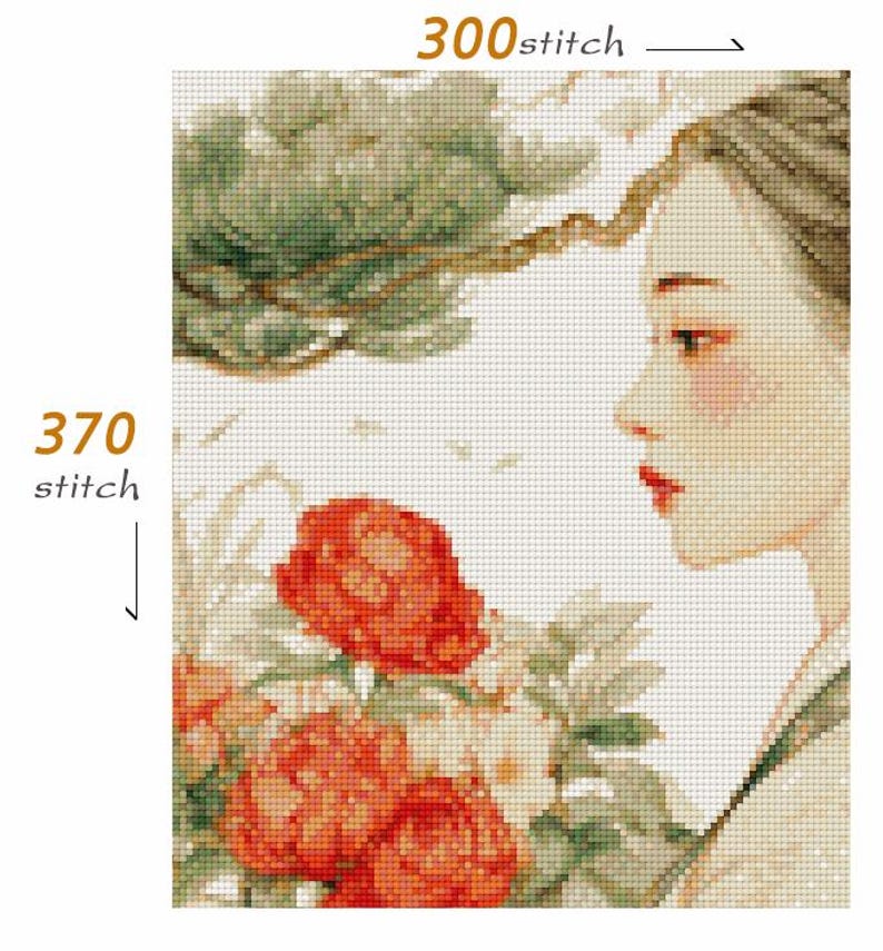 May include: Cross-stitch pattern featuring a woman in profile with red lips and blush, surrounded by red and white flowers. The design includes the text "300 stitch" and "370 stitch". The color palette is soft, with greens, whites, and reds.