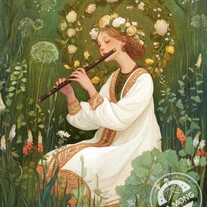 Könnte beinhalten: Eine Frau in einem weißen Kleid mit einer Blumenkrone spielt Flöte in einem Feld mit grünen Pflanzen und Blumen. Die Frau trägt ein traditionelles Trachtenkleid mit goldener Stickerei. Das Bild ist eine digitale Illustration.
