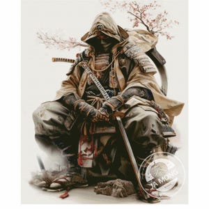 May include: A cross-stitch pattern named "Japanese Warrior" shows a seated samurai in detailed armor, holding a katana. The image includes the text "Japanese Warrior" and "Chart No: JMP1196". The pattern is full coverage, with 300 x 370 stitches and 42 pages.