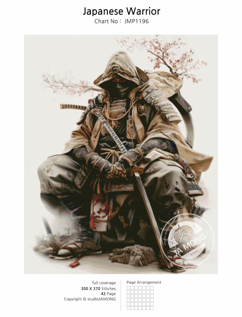 May include: A cross-stitch pattern named "Japanese Warrior" shows a seated samurai in detailed armor, holding a katana. The image includes the text "Japanese Warrior" and "Chart No: JMP1196". The pattern is full coverage, with 300 x 370 stitches and 42 pages.