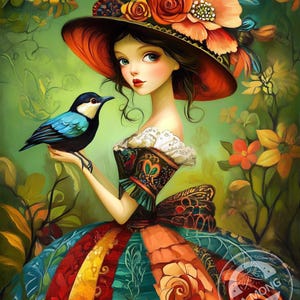 May include: A woman with long brown hair wears a large, red hat adorned with colorful flowers. She holds a blue bird in her hand. The woman is wearing a colorful dress with a floral pattern. The background is a green forest with flowers.