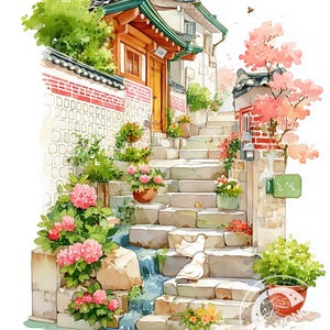Peut inclure: Illustration à l'aquarelle d'une maison coréenne traditionnelle avec un escalier en pierre. La scène présente une végétation luxuriante, des fleurs roses et une petite cascade. Deux colombes blanches sont perchées sur les marches.