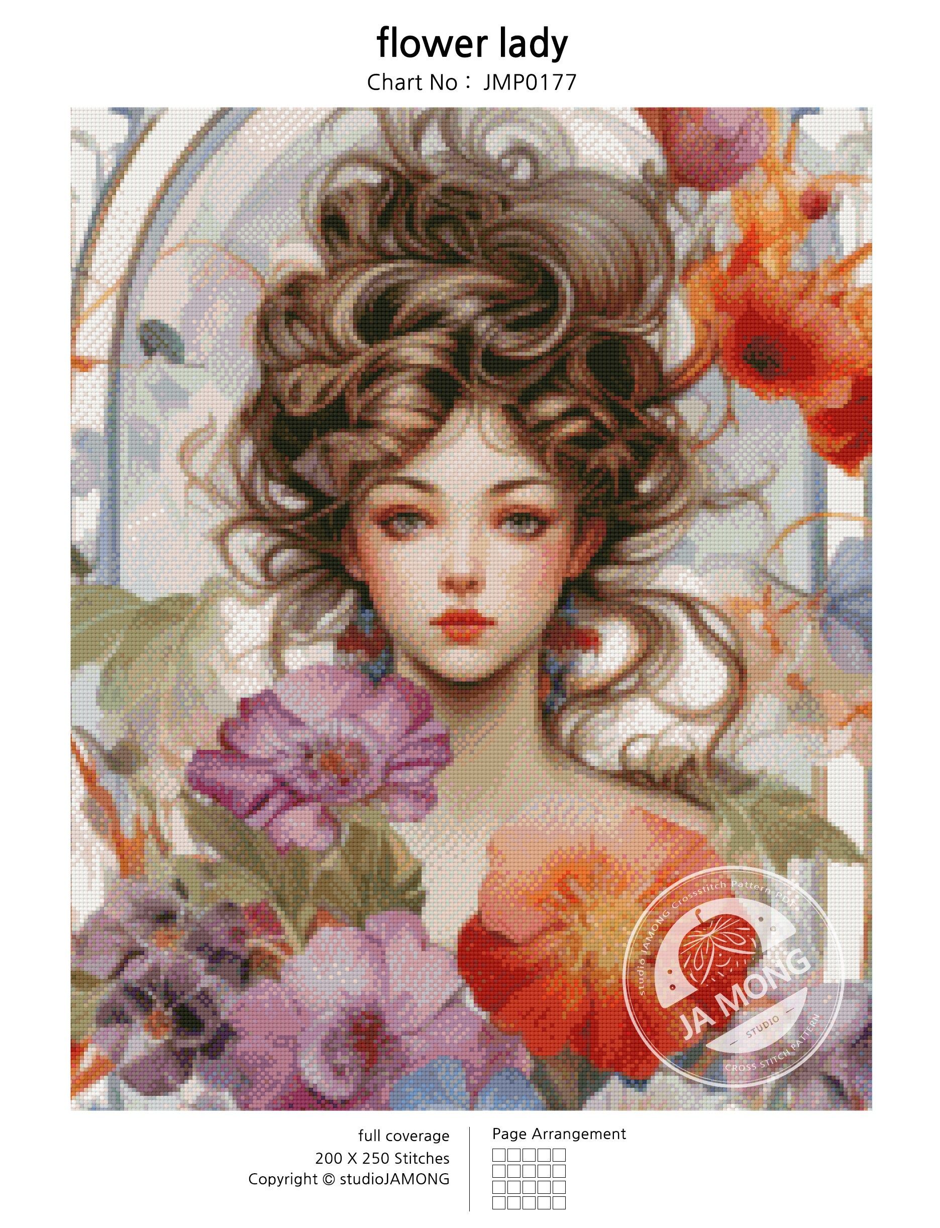 Jmp0177_flower Lady, Full Coverage Cross Stitch Pattern PDF, Cross