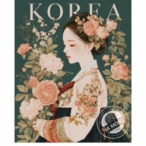 May include: A cross-stitch chart titled "korea" featuring a woman in traditional Korean attire, surrounded by roses. The image has the word "KOREA" at the top. The chart number is JMP1248. The design is full coverage, 300 x 370 stitches, and 42 pages.