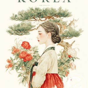 May include: Illustration of a woman in traditional Korean attire, with the word "KOREA" at the top. The woman is in profile, with a red skirt and a white top. The background features a pine tree and red flowers.