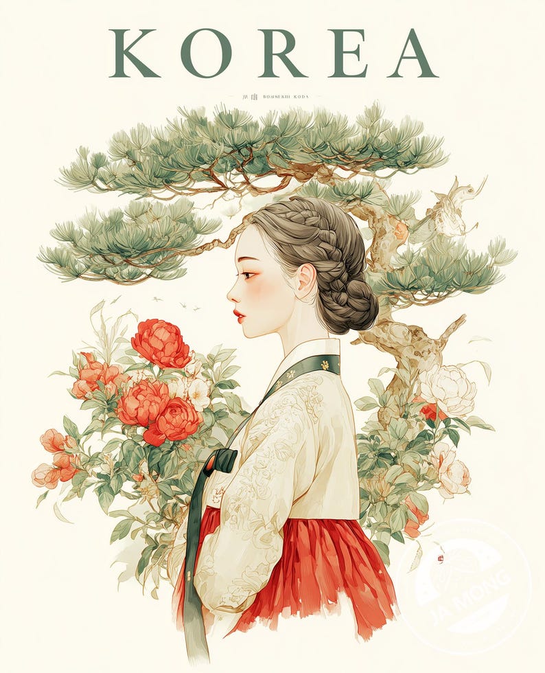 May include: Illustration of a woman in traditional Korean attire, with the word "KOREA" at the top. The woman is in profile, with a red skirt and a white top. The background features a pine tree and red flowers.