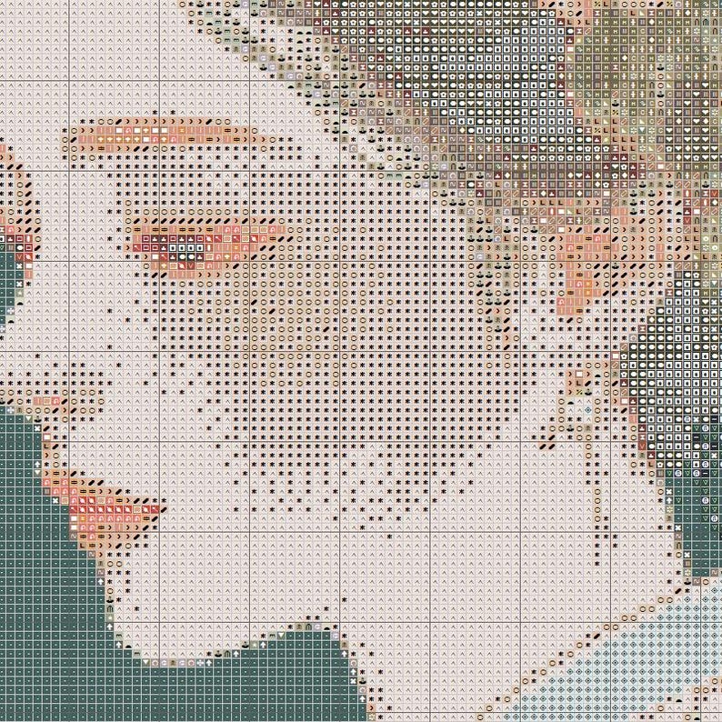 May include: A cross-stitch pattern depicting a woman's face, rendered in a pixelated style. The color palette includes shades of beige, pink, and green, creating a soft and detailed portrait. The design is suitable for embroidery projects.