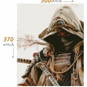 May include: Cross-stitch pattern depicting a samurai warrior in a detailed, pixelated design. The image uses browns, blacks, and creams, with a hint of red. The text indicates the pattern size is 300 stitches wide and 370 stitches high.