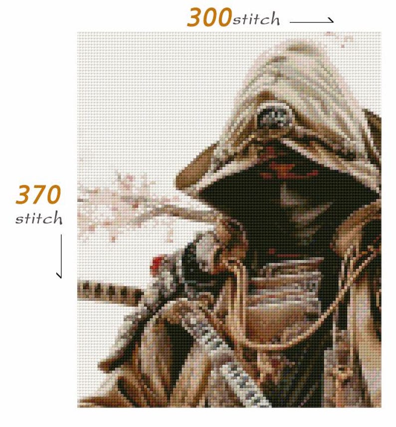May include: Cross-stitch pattern depicting a samurai warrior in a detailed, pixelated design. The image uses browns, blacks, and creams, with a hint of red. The text indicates the pattern size is 300 stitches wide and 370 stitches high.