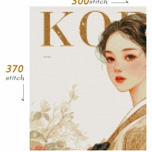 May include: Cross-stitch pattern featuring a portrait of a woman with a traditional hairstyle and attire. The word "KO" is displayed in gold letters. The pattern is 300 stitches wide and 370 stitches high.