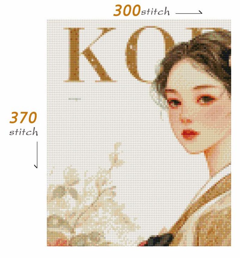 May include: Cross-stitch pattern featuring a portrait of a woman with a traditional hairstyle and attire. The word "KO" is displayed in gold letters. The pattern is 300 stitches wide and 370 stitches high.