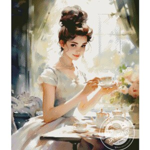 May include: A cross stitch pattern featuring a woman in a white dress, sitting at a table with a cup of coffee. The pattern is titled "morning coffee" and has a chart number of JMP0236. The pattern is full coverage and measures 200 x 250 stitches.