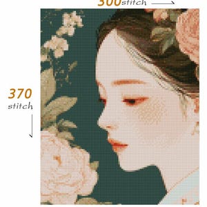 May include: Cross-stitch pattern of a woman's profile with a floral arrangement. The design features a woman with pale skin, red lips, and dark hair. The background is a dark teal color, and the text reads "300 stitch" and "370 stitch".