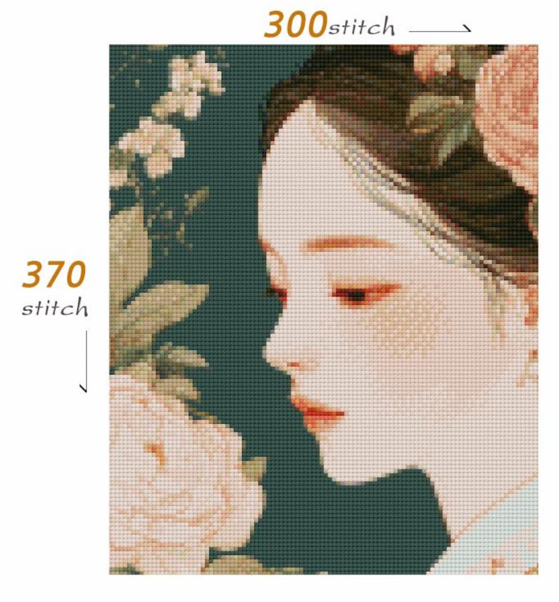 May include: Cross-stitch pattern of a woman's profile with a floral arrangement. The design features a woman with pale skin, red lips, and dark hair. The background is a dark teal color, and the text reads "300 stitch" and "370 stitch".