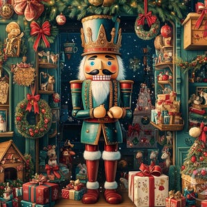 May include: A wooden nutcracker doll with a red and gold crown, blue and green uniform, and a white beard. The doll is standing in front of a Christmas-themed background with presents, ornaments, and a Christmas tree.