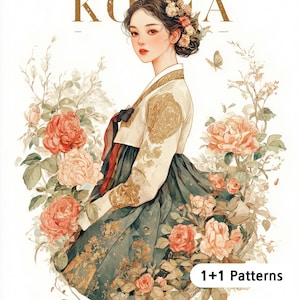 以下が含まれることがあります： 伝統的な韓国の衣装を着た女性のイラスト。花に囲まれています。画像には上部に「KOREA」という文字、下部に「1+1 Patterns」というテキストがあります。女性は、金色の刺繍が施されたクリーム色のトップスと濃い緑色のスカートを着ています。
