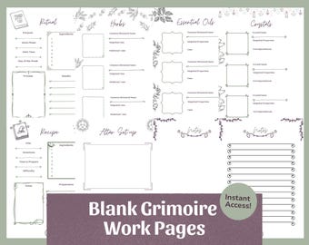 Páginas y hojas de trabajo en blanco para grimorio (8 páginas) / Plantillas para el Libro de las Sombras, planificador de brujería en formato PDF imprimible.