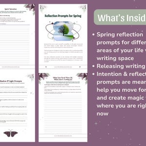 May include: A journal with reflection prompts, including "Reflection Prompts for Spring" and "Shadow & Light Prompts." The journal includes writing space and the text "What's Inside?" with bullet points describing the journal's features.