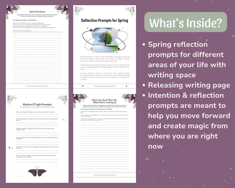 May include: A journal with reflection prompts, including "Reflection Prompts for Spring" and "Shadow & Light Prompts." The journal includes writing space and the text "What's Inside?" with bullet points describing the journal's features.