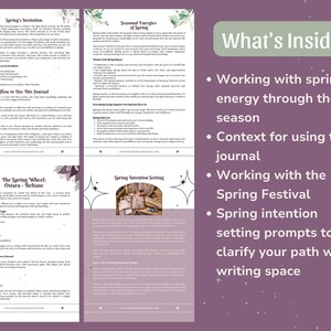 May include: A journal with a purple cover and white text, detailing spring energy, seasonal rituals, and intention setting. The text includes "Spring's Invitation," "Seasonal Energies of Spring," and "The Spring Wheel: Ostara - Beltane."