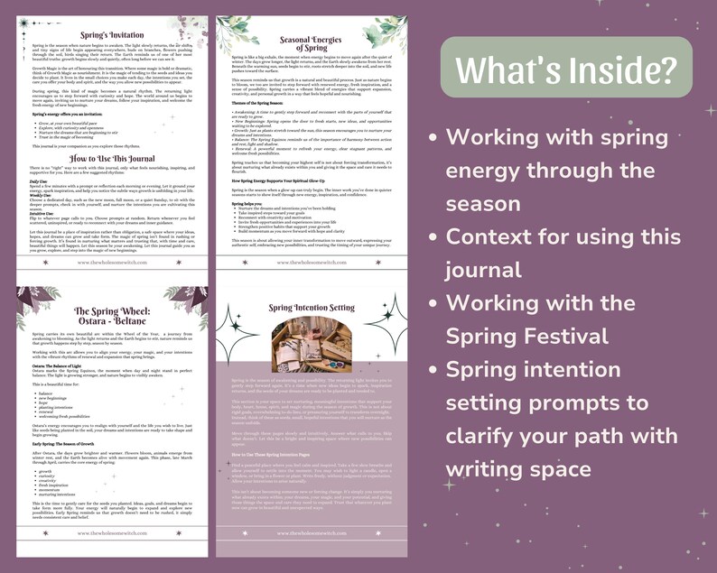 May include: A journal with a purple cover and white text, detailing spring energy, seasonal rituals, and intention setting. The text includes "Spring's Invitation," "Seasonal Energies of Spring," and "The Spring Wheel: Ostara - Beltane."