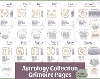 Astrology Grimoire Pages (12 Zodiac Signs) | Zodiac Correspondences, Book of Shadows Printable, Witchcraft PDF