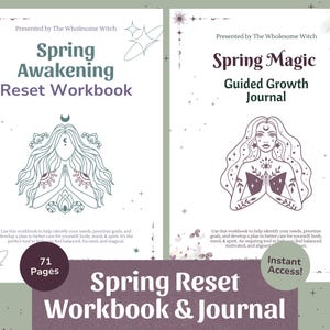 May include: A workbook and journal set titled "Spring Awakening Reset Workbook" and "Spring Magic Guided Growth Journal." The covers feature line art illustrations of women and celestial designs. The set is designed to help identify needs and prioritize goals.