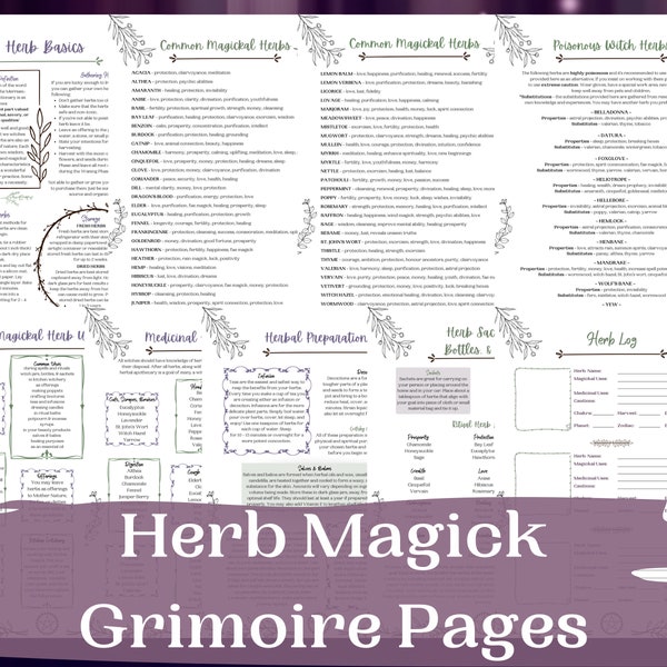 Herb Grimoire Pages, Grimoire Printables, Witch Printables, Book of Shadows Pages, Green Witch