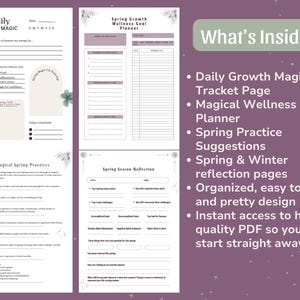 May include: A digital planner with a purple and white floral design. The planner includes pages for daily growth, wellness goals, spring practices, and seasonal reflections. Text on the image reads "Daily Growth Magic" and "Spring Growth Wellness Goal Planner."