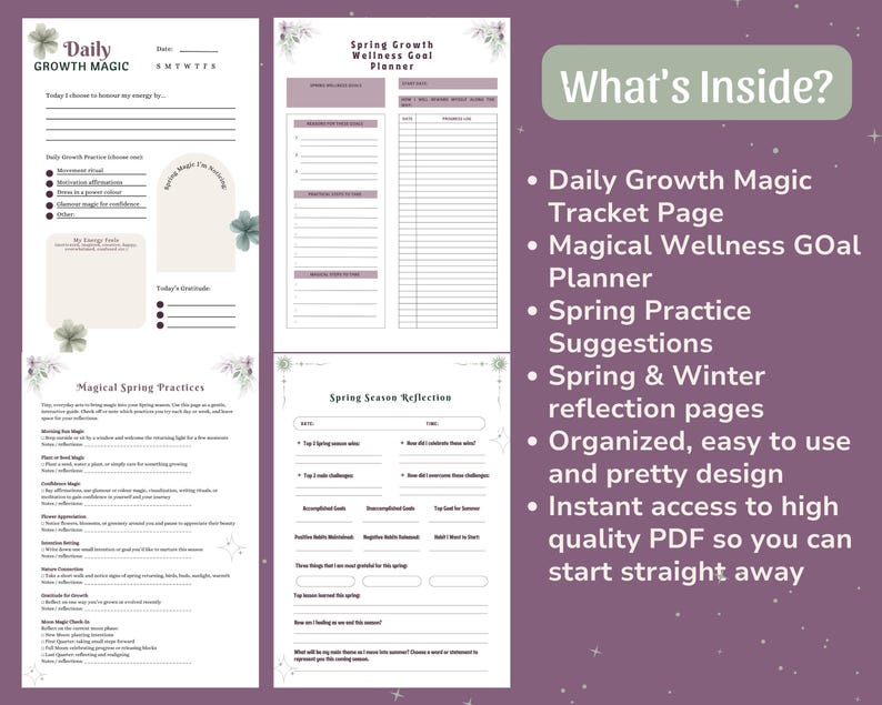 May include: A digital planner with a purple and white floral design. The planner includes pages for daily growth, wellness goals, spring practices, and seasonal reflections. Text on the image reads "Daily Growth Magic" and "Spring Growth Wellness Goal Planner."