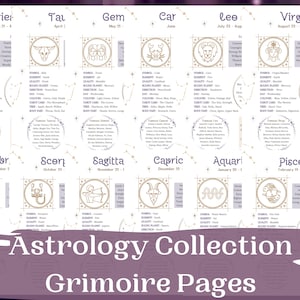 Páginas de Grimorio de Astrología, Imprimibles de Grimorio, Imprimibles de Brujas, Páginas del Zodíaco, Páginas del Libro de las Sombras