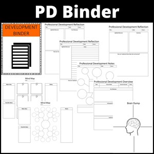 May include: Black and white printable PDF binder with templates for professional development reflection, mind mapping, and note taking. The binder includes sections for "Professional Development Reflection", "Professional Development Notes", "Professional Development Overview", and "Brain Dump".