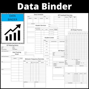 Op de afbeelding: Zwart-witte printbare datamap-formulieren voor docenten. De formulieren omvatten: Dagelijkse planning, IEP-casustoepassingsoverzicht, IEP-vergaderingnotities, Doelstellingsvolgformulier, Studentenondersteuning, Gedragsfrequentieoverzicht, Studentenniveaus, IEP-planning en 2D-vormvloeibaarheid.