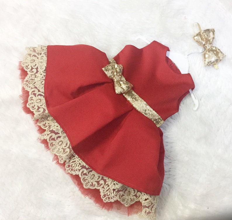 Girls red and gold dress valentines dress Christmas dress,flower lady in red easter dress big bow dress pageant dress custom dress