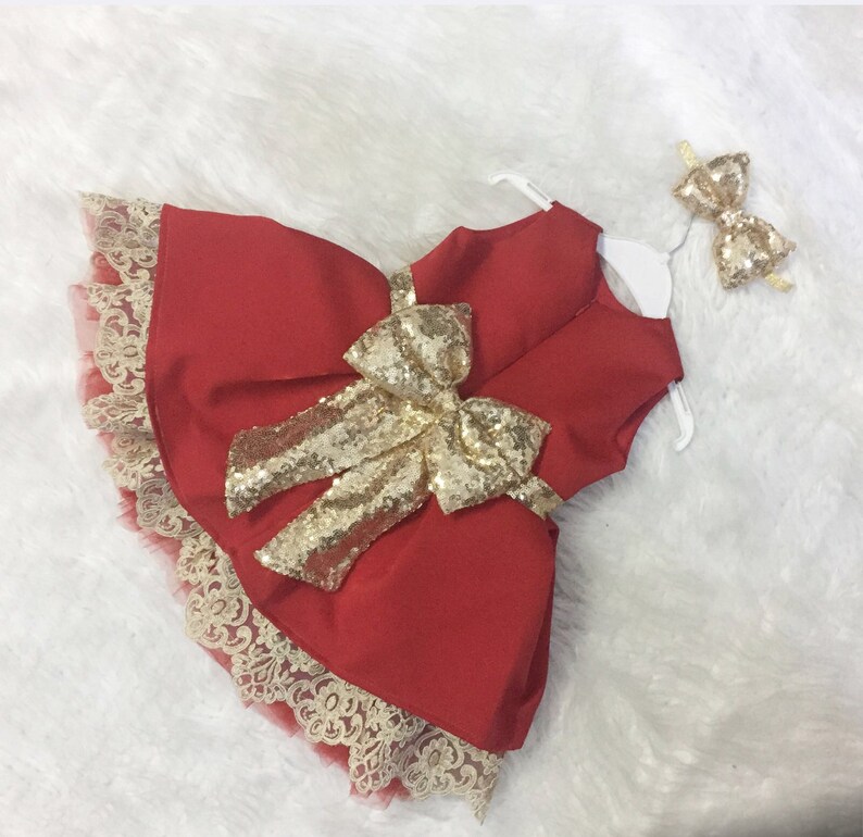 Girls red and gold dress valentines dress Christmas dress,flower lady in red easter dress big bow dress pageant dress custom dress
