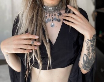Black Silk Bell Sleeve Tie Up Wrap Top • Belly Dance Costume Crop Top Blouse 60s 70s Festival • Boho Folk Hippy ATS • Calluna Clothing