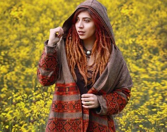 Hooded Geometric Cape Coat •  Boho Unisex Shamanic Cloak • Warm Blanket Shawl Scarf • Poncho Shawl for Women • Long Festival Earthy Jacket