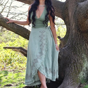 Cotton Maxi Wrap Skirt • Natural Earthy Clothing • Raw Cotton Block Print Mint Maxi Skirt Women • Long Boho Festival Shakti Skirt • Calluna