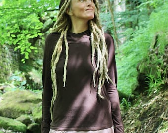 Cotton Yoga Hoodie • Lightweight Fitted Layering Hoody Women • Thumb Hole Elven Sweater • Slit Weave Long Sleeve Braided Top • Calluna