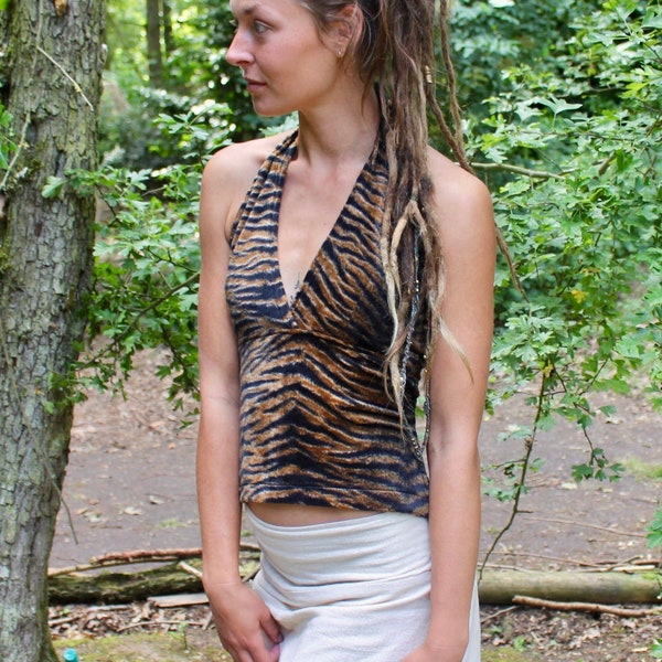 Tribal Tiger Halter Top • Animal Print Fabric • Burning Man Festival Clothing • Halter Neck Adjustable Crop Top • Rave Party Wear • Calluna