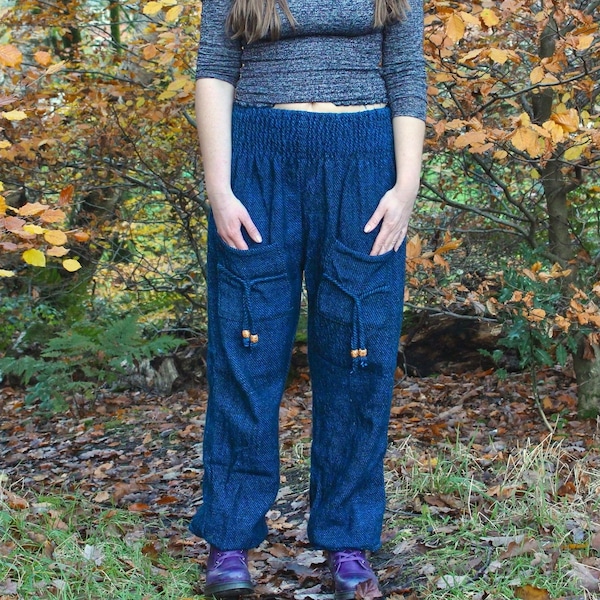 Warm Fleece Harem Pants • Blue Winter Harem Trousers • Vegan Wool Harems • Boho Unisex Yoga Pant • Baggy Loungewear Pants • Calluna