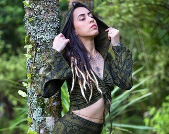 Snakeskin Hooded Top • Cinch Hoodie Women • Long Flared Sleeve Velvet Top • Velvet Hoody Witchy Sorceress Clothing • Calluna