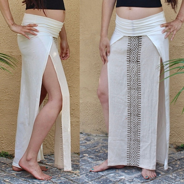 Tribal Side Split Skirt • Adeya Skirt • Simple Rustic Maxi Skirt • Natural Fibre Earthy Clothing • White Maxi Skirt Women • Long Boho Skirt