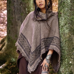 Cowl Neck Poncho • Raw Cotton Block Print Tribal Top • Oversized Shawl • Festival Cover Up • Earthy Natural Wear • Calluna
