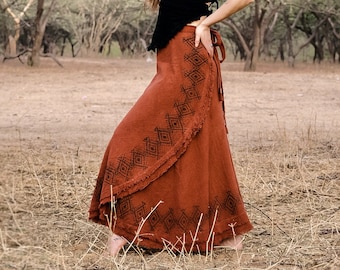 Raw Cotton Block Print Maxi Wrap Skirt • Natural Earthy Clothing • Rust Maxi Skirt Women • Long Boho Festival Shakti Skirt • Calluna