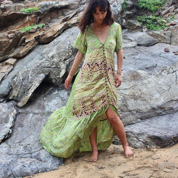 Chartreuse Silk Kimono Dress • Goddess Summer Dress • Silk Button Maxi Dress • Boho Gypsystyle Clothing • Long Button Kaftan Dress • Calluna