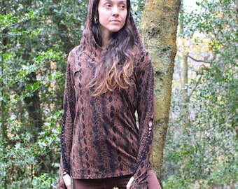 Cotton Yoga Hoodie • Lightweight Fitted Layering Hoody Women • Thumb Hole Elven Sweater • Slit Weave Long Sleeve Braided Top • Calluna
