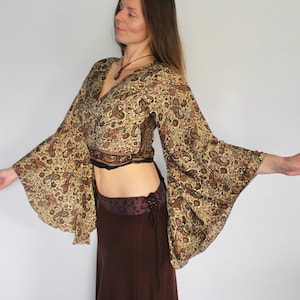 Silk Wrap Top Paisley Bell Sleeve Tie Up Crop Top Blouse Retro Cardigan 60s 70s Festival Fashion Boho Folk Hippy Calluna zdjęcie 8